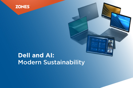  sleek Dell laptop surrounded by green leaves, symbolizing the integration of AI technology and modern sustainability practices.