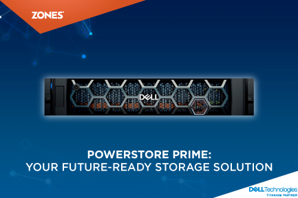 Graphic showcasing Dell PowerStore Prime as an advanced all-flash storage solution for modern businesses, emphasizing AI performance and energy efficiency