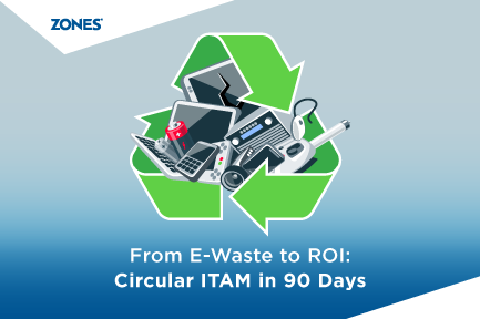 Circular IT asset management visual showing a loop with Reduce, Reuse, Recycle, and Recover stages, replacing the traditional linear flow of Purchase, Use, Dispose. Arrows connect various IT equipment like laptops, servers, and mobile devices through recovery, refurbishment, and remarketing processes.