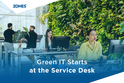 An illustration or composite image showing a digital IT service desk in action — with remote technicians, devices with green energy icons, recycling/e-waste symbols, and cloud-based automation tools. Overlay light green/blue hues to imply sustainability and digital efficiency.