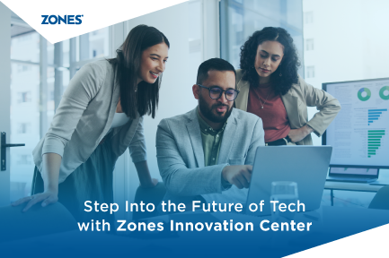 Image of the Zones Innovation Center showing interactive labs, digital displays, and collaborative workspaces used to test IT solutions across cloud, security, and networking.
