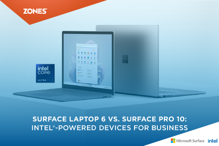 Comparison of Surface Laptop 6 vs. Surface Pro 10, both powered by Intel® Core™ Ultra processors, showcasing versatility for business use.