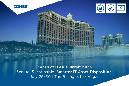 Background featuring Las Vegas skyline or The Bellagio, layered with tech-themed icons like data security locks, recycling arrows, and IT equipment