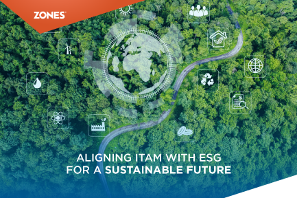 An infographic illustrating the integration of IT Asset Management (ITAM) with Environmental, Social, and Governance (ESG) principles for promoting sustainability. The graphic includes elements like green technology, recycling symbols, and data management, highlighting their connection to reducing environmental impact and improving corporate responsibility.