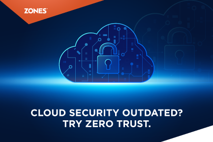  Illustration showing secure cloud infrastructure with Zero Trust model protecting data from cyber threats